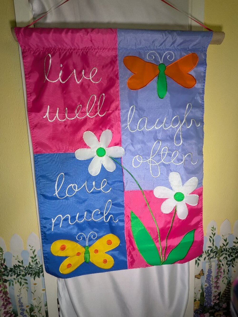 Welcome Garden Flag Whimsical Flowers Butterflies Embroidered Large Jetmax